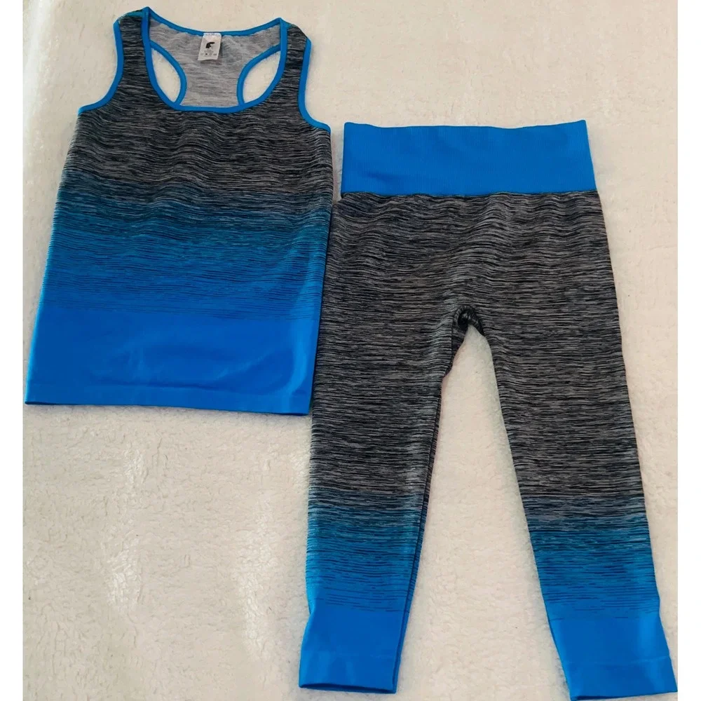 FC Activewear Womens Blue Grey Ombre Space Dye Seamless Tank and Leggings Set